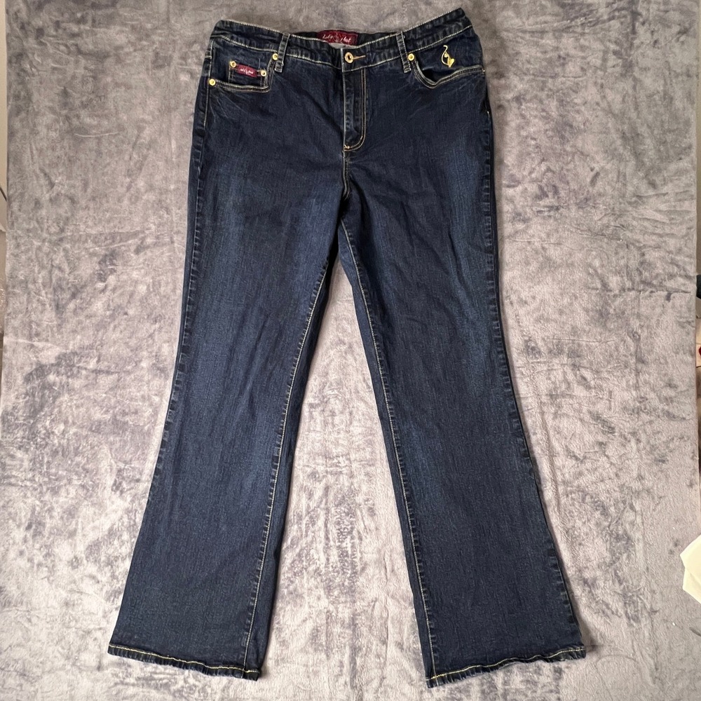 Baby Phat Womens Y2K Dark Wash Bootcut Jeans Rhinestone Cat Crown Logo Indigo